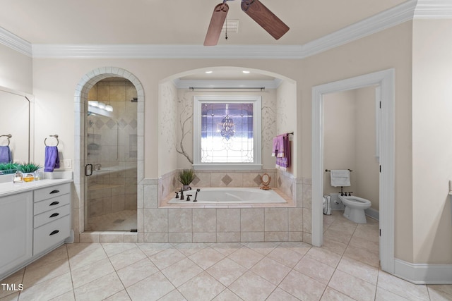 bathroom with a bidet, shower with separate bathtub, crown molding, tile patterned floors, and vanity