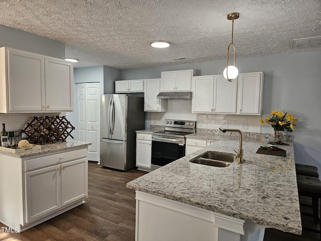 kitchen with white cabinetry, stainless steel appliances, sink, hanging light fixtures, and kitchen peninsula