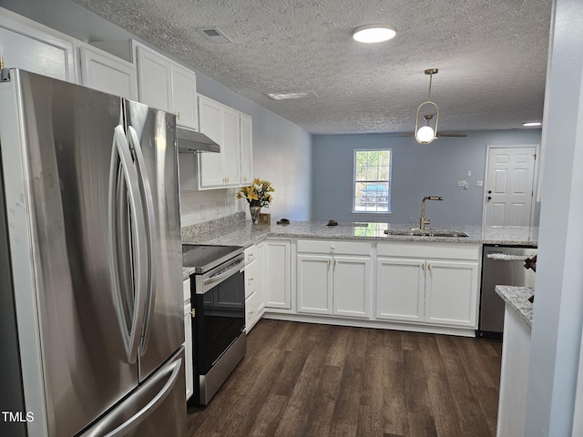 kitchen featuring sink, white cabinetry, decorative light fixtures, and appliances with stainless steel finishes