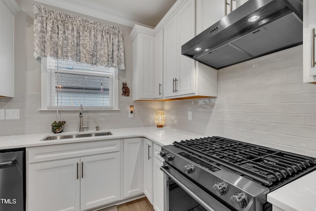 kitchen featuring sink, stainless steel gas stove, dishwasher, range hood, and white cabinets