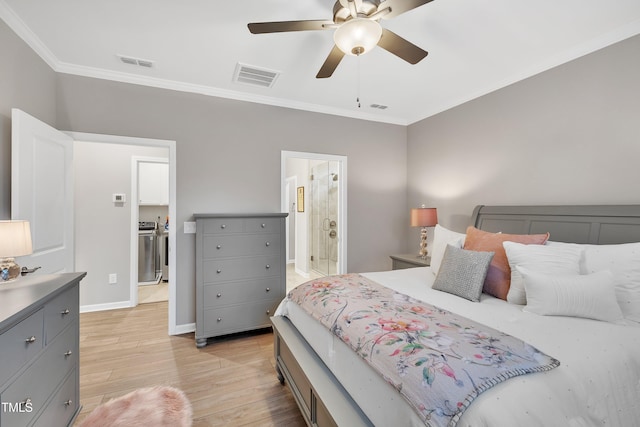 bedroom featuring crown molding, ensuite bathroom, ceiling fan, and light hardwood / wood-style floors