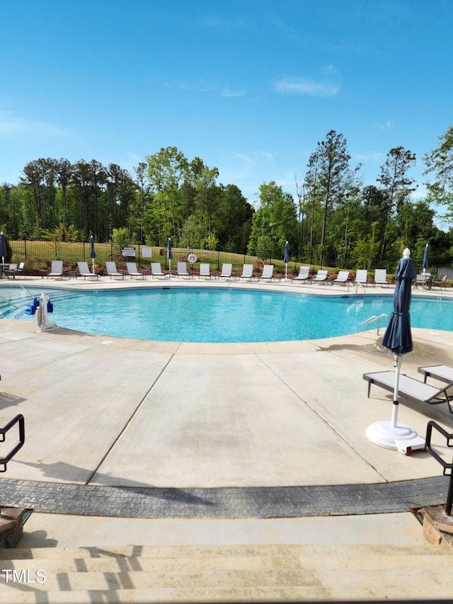 view of swimming pool featuring a patio