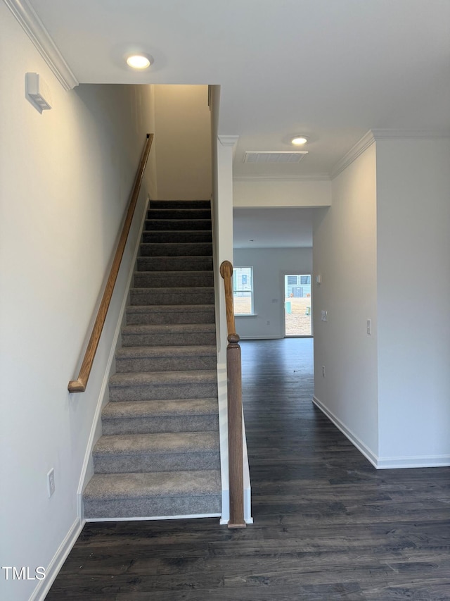 stairway featuring crown molding and hardwood / wood-style floors