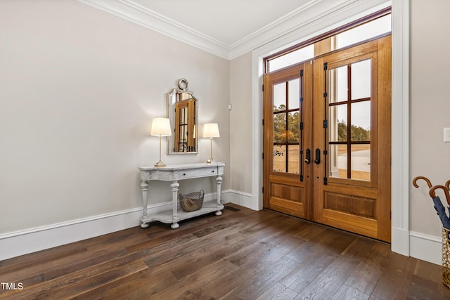 doorway featuring french doors, ornamental molding, and dark wood-type flooring