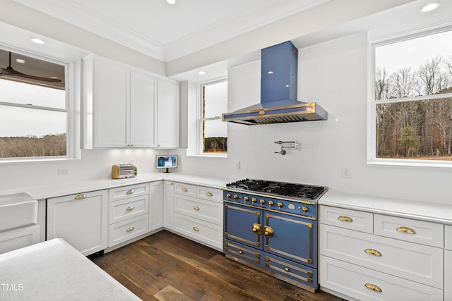 kitchen with white cabinetry, range with two ovens, ornamental molding, exhaust hood, and dark wood-type flooring