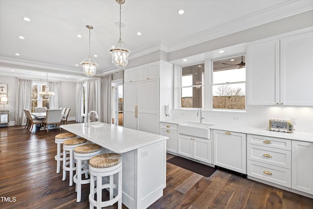 kitchen with pendant lighting, an island with sink, sink, white cabinets, and dark wood-type flooring