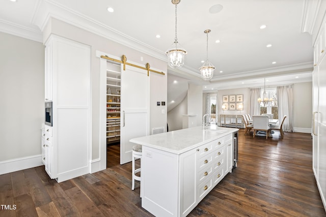 kitchen with white cabinetry, pendant lighting, an island with sink, and a barn door