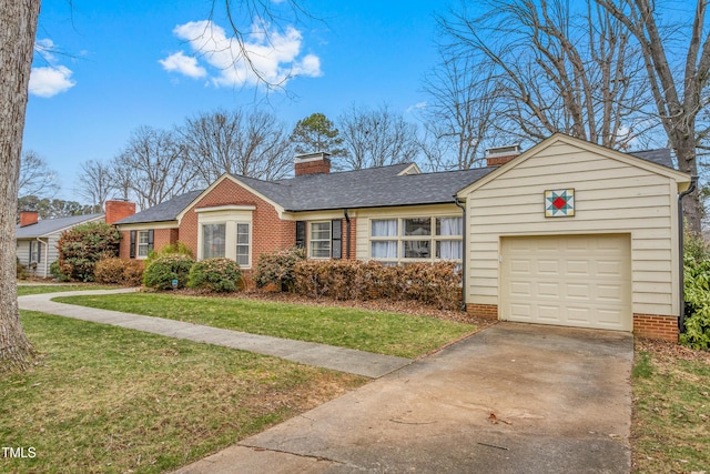 ranch-style house with a garage and a front lawn