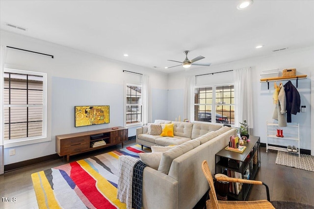 living room featuring ceiling fan and dark hardwood / wood-style floors