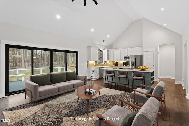 living room featuring high vaulted ceiling and dark hardwood / wood-style floors