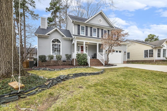 view of property with cooling unit, a garage, and a front lawn