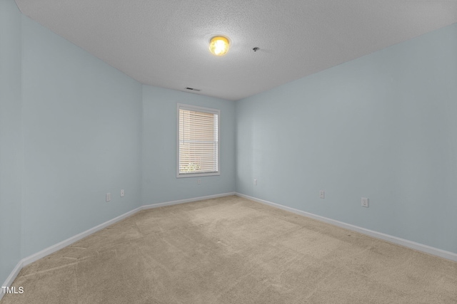 spare room featuring light colored carpet and a textured ceiling