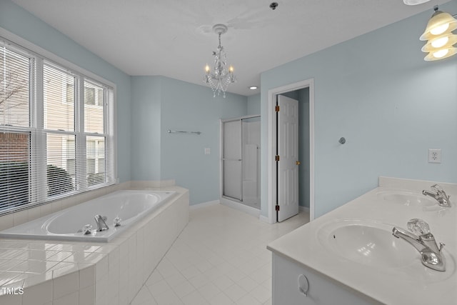 bathroom featuring separate shower and tub, a chandelier, tile patterned flooring, and vanity