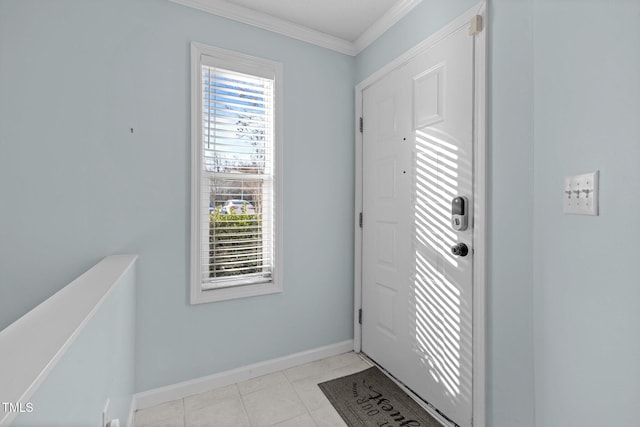 doorway to outside with light tile patterned floors and crown molding