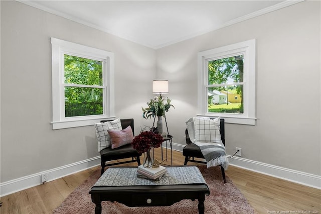 sitting room featuring light wood-type flooring, a healthy amount of sunlight, and ornamental molding