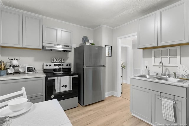 kitchen with crown molding, light hardwood / wood-style floors, appliances with stainless steel finishes, a textured ceiling, and sink