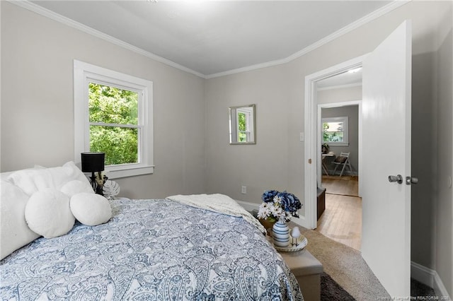 bedroom with carpet floors and crown molding