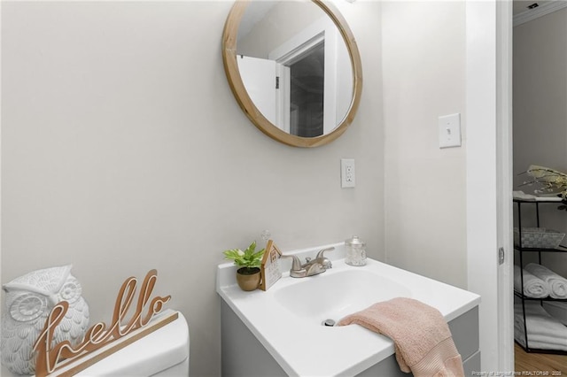 bathroom with sink, toilet, and ornamental molding