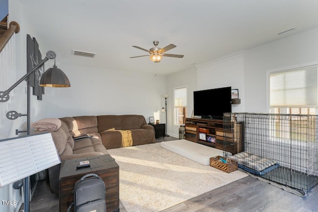 living room featuring ceiling fan and hardwood / wood-style floors