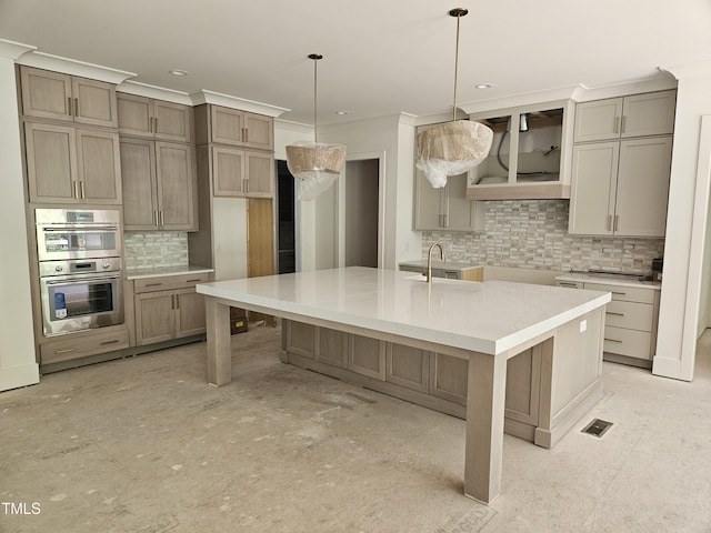 109 Evander Way, Pittsboro, NC 27312 - kitchen with double oven, tasteful backsplash, a spacious island, decorative light fixtures, and crown molding