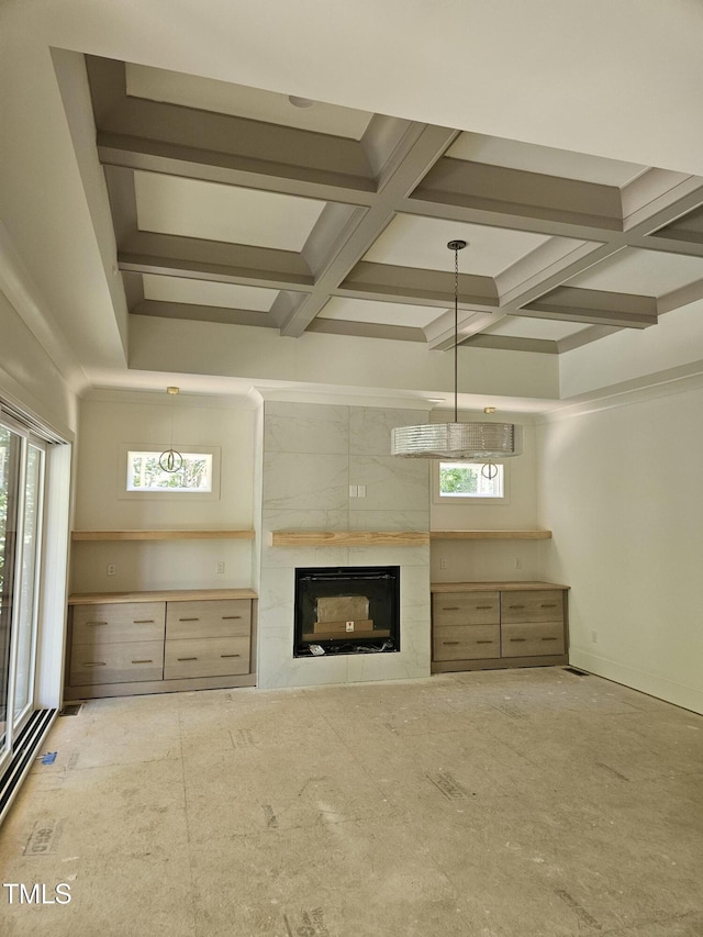 109 Evander Way, Pittsboro, NC 27312 - unfurnished living room featuring a high end fireplace, coffered ceiling, and beam ceiling