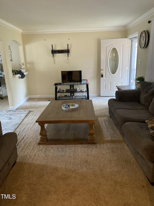 living room with ornamental molding and light carpet