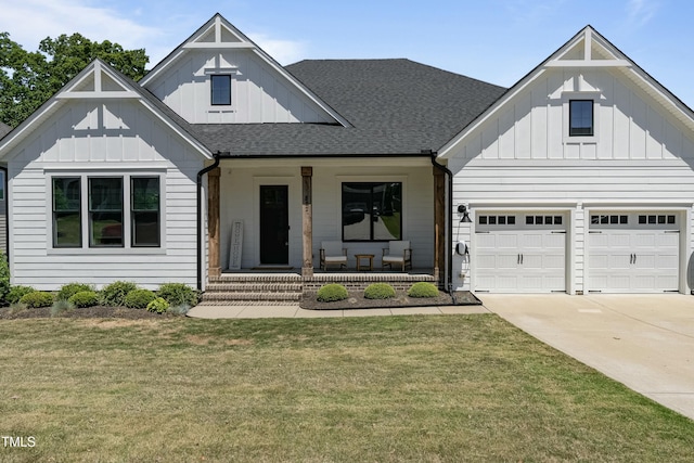 modern farmhouse with a porch, a garage, and a front lawn