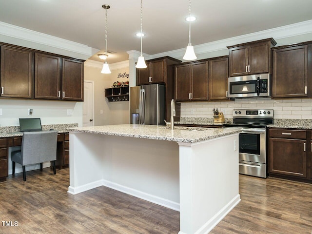 kitchen with dark hardwood / wood-style flooring, decorative light fixtures, stainless steel appliances, light stone countertops, and dark brown cabinetry