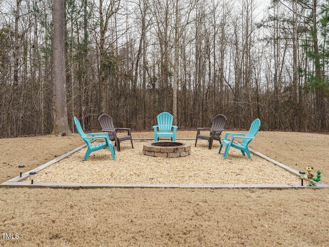 view of jungle gym with an outdoor fire pit