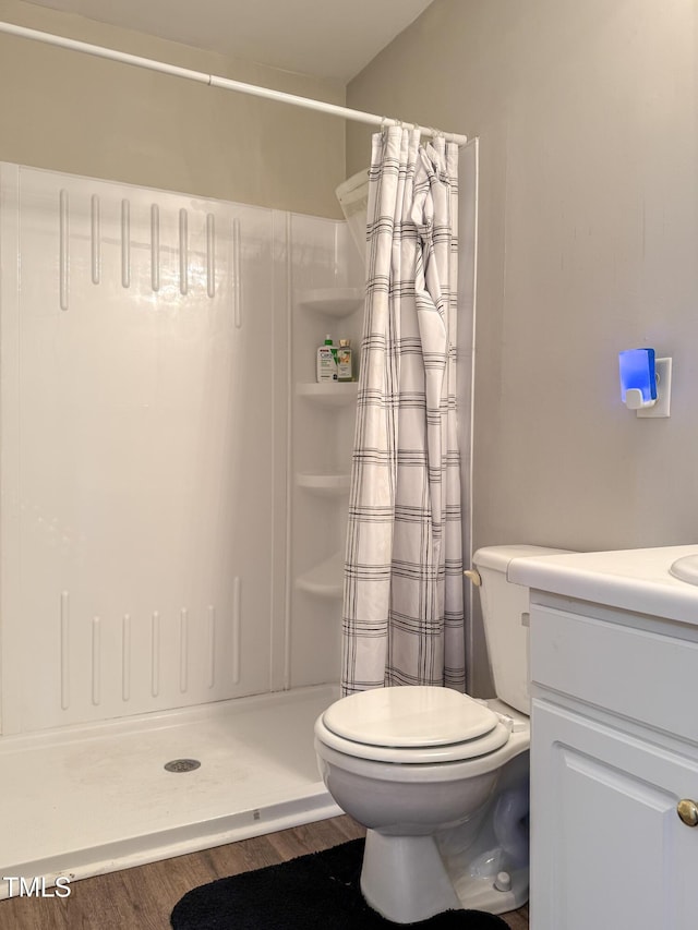 bathroom featuring wood-type flooring, toilet, vanity, and a shower with shower curtain