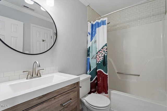 full bathroom with shower / bathtub combination with curtain, vanity, crown molding, and toilet