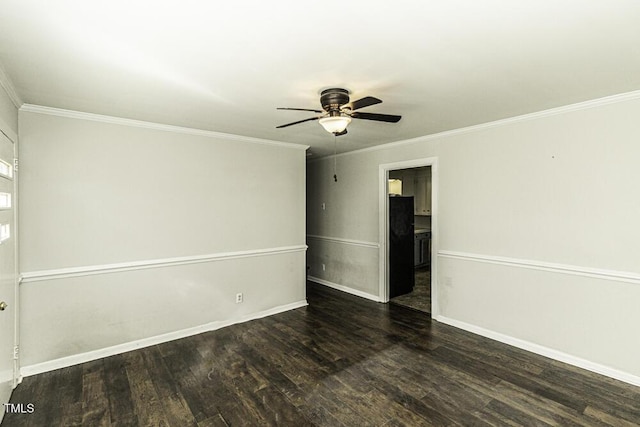 unfurnished room with ceiling fan, crown molding, and dark hardwood / wood-style flooring