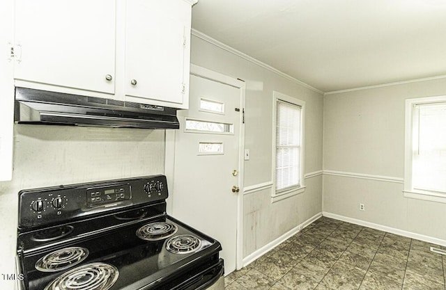 kitchen featuring white cabinetry, electric range, and ornamental molding