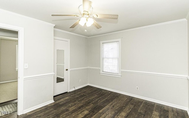 unfurnished bedroom with ceiling fan, dark hardwood / wood-style flooring, and crown molding