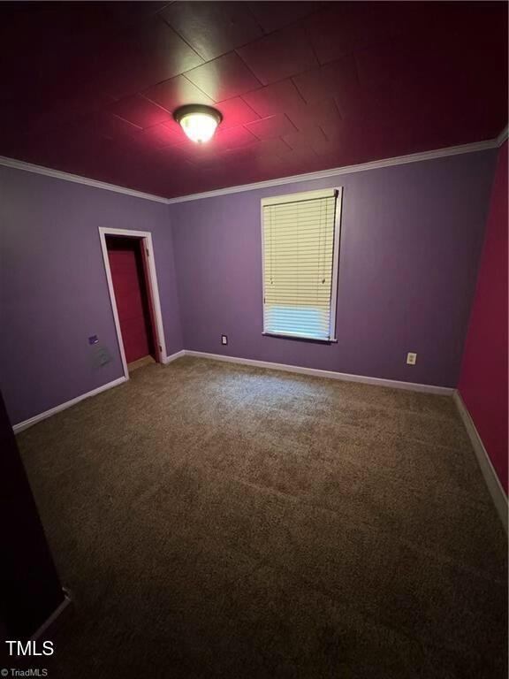 carpeted empty room featuring crown molding