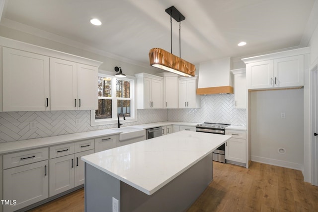 kitchen featuring sink, custom exhaust hood, appliances with stainless steel finishes, a kitchen island, and white cabinets