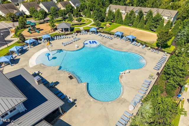 view of swimming pool featuring a gazebo and a patio