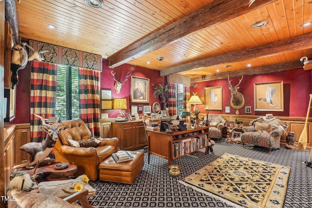 miscellaneous room with wood ceiling, carpet flooring, beamed ceiling, and wooden walls