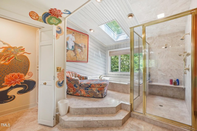 bathroom featuring lofted ceiling with skylight, wooden ceiling, and plus walk in shower