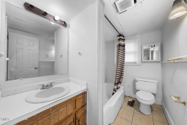 full bathroom with shower / bathtub combination with curtain, tile patterned floors, toilet, and vanity