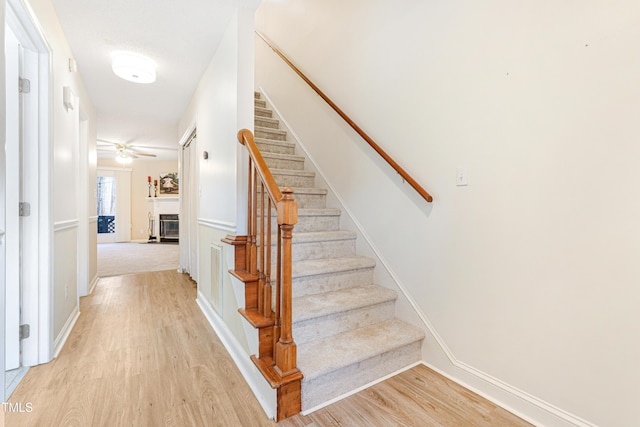 staircase featuring ceiling fan and wood-type flooring