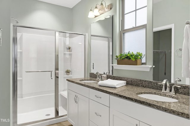 bathroom with a shower with door and vanity