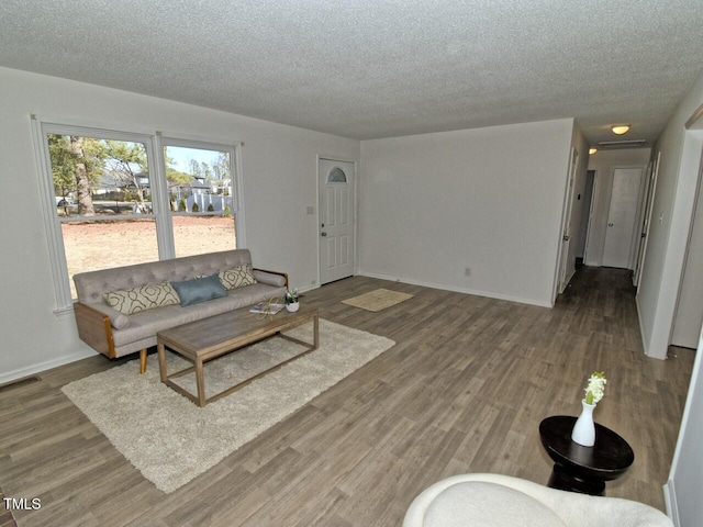 living room featuring hardwood / wood-style flooring and a textured ceiling