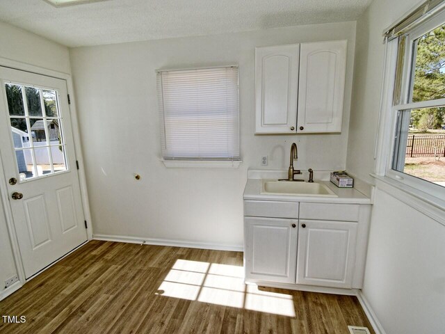 interior space with white cabinetry, sink, wood-type flooring, and a textured ceiling