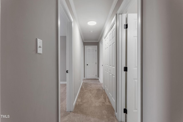 hall featuring ornamental molding and light carpet