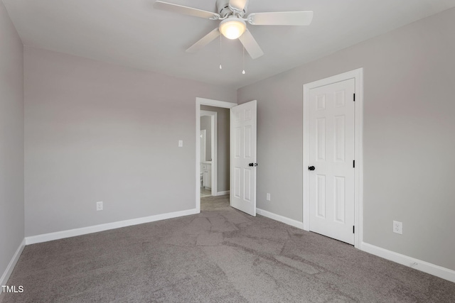 unfurnished bedroom with carpet floors and ceiling fan