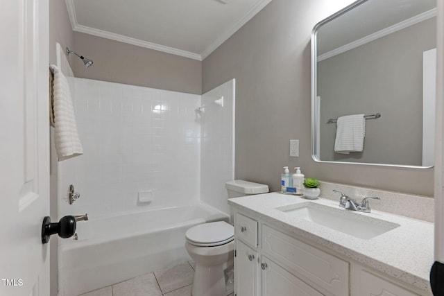 full bathroom with tile patterned floors, toilet, shower / bathtub combination, ornamental molding, and vanity