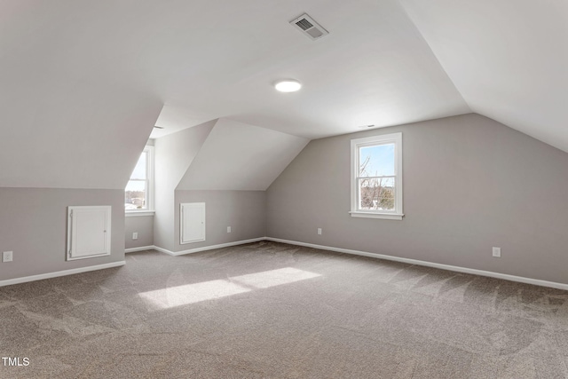 additional living space featuring light carpet, plenty of natural light, and lofted ceiling