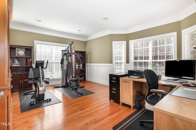 home office with ornamental molding and light hardwood / wood-style flooring