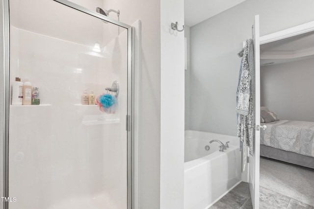 bathroom featuring tile patterned floors and plus walk in shower